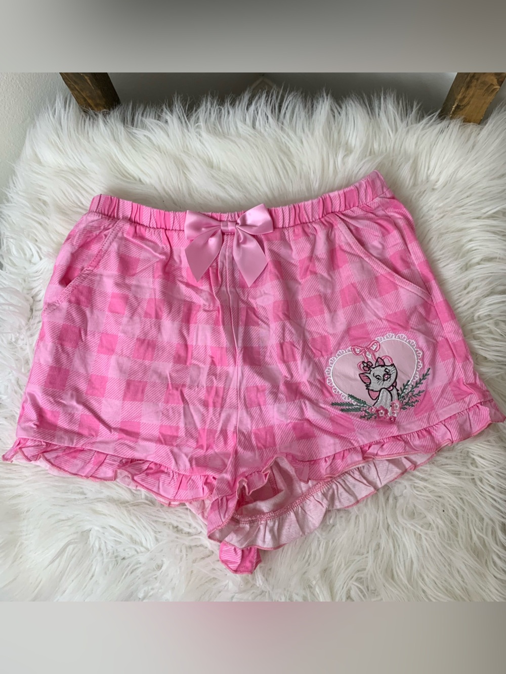 Disney Aristocats Pink Checked Cotton Blend Sleep Shorts with Marie Size M